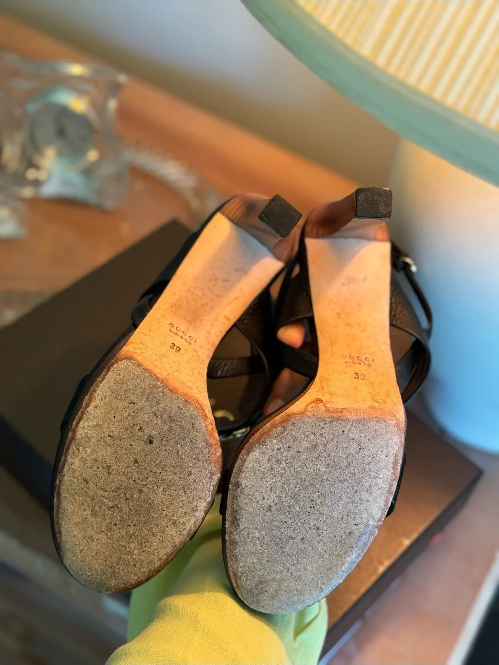 Gucci Black Leather Slingback Sandals with Gold Bamboo Accent